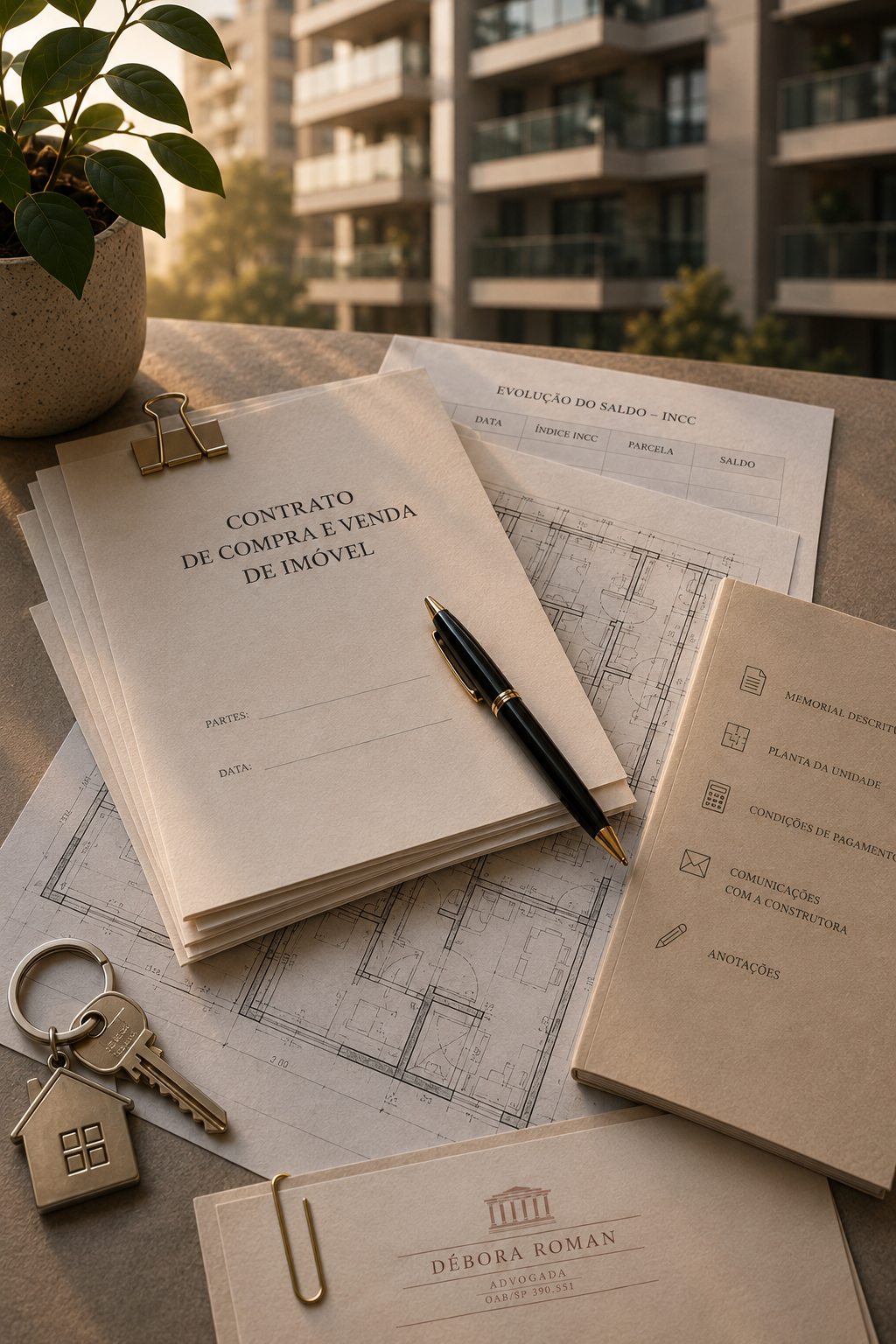 Contrato de compra e venda de imóvel sobre a planta do apartamento, ao lado das chaves e de um caderno de anotações